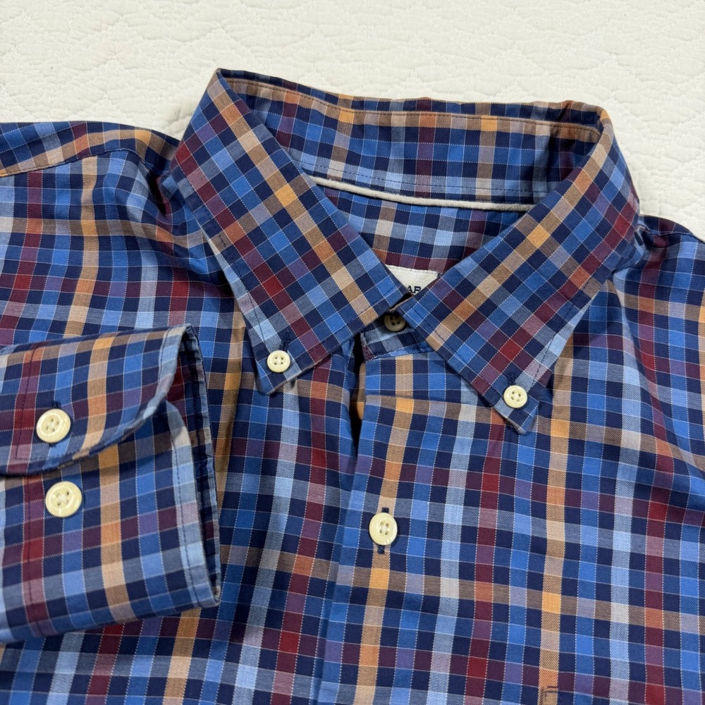 Peter Millar Mens Button Down Shirt XL Plaid Cotton Blue Red Long Sleeve EUC